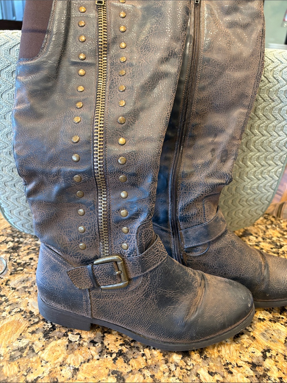 Curfew Brown Studded Zip-Front Mid-Calf Heeled Boots